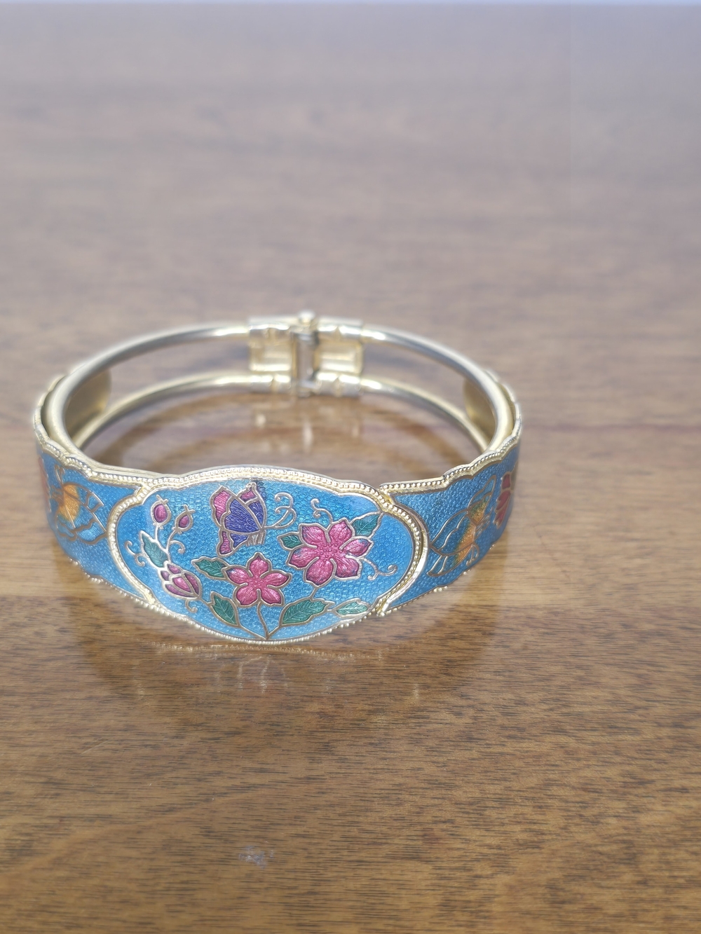Blue Enamel Floral Bangle Bracelet with Pink Flower Accents